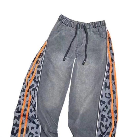Personalized Leopard Print Splicing Denim Pants