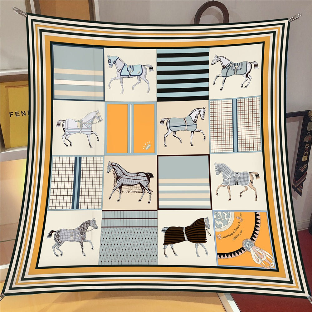 Colored Checkered Horse Silk Square Scarf - Versatile Shawl