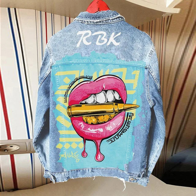 Playful Tongue Out Print Denim Jacket