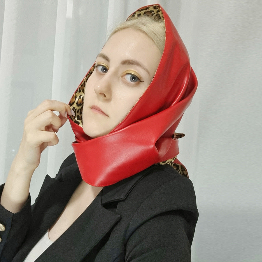 Double-Sided Leopard Print & Leather Triangular Scarf with Headband