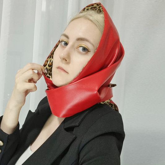 Double-Sided Leopard Print & Leather Triangular Scarf with Headband