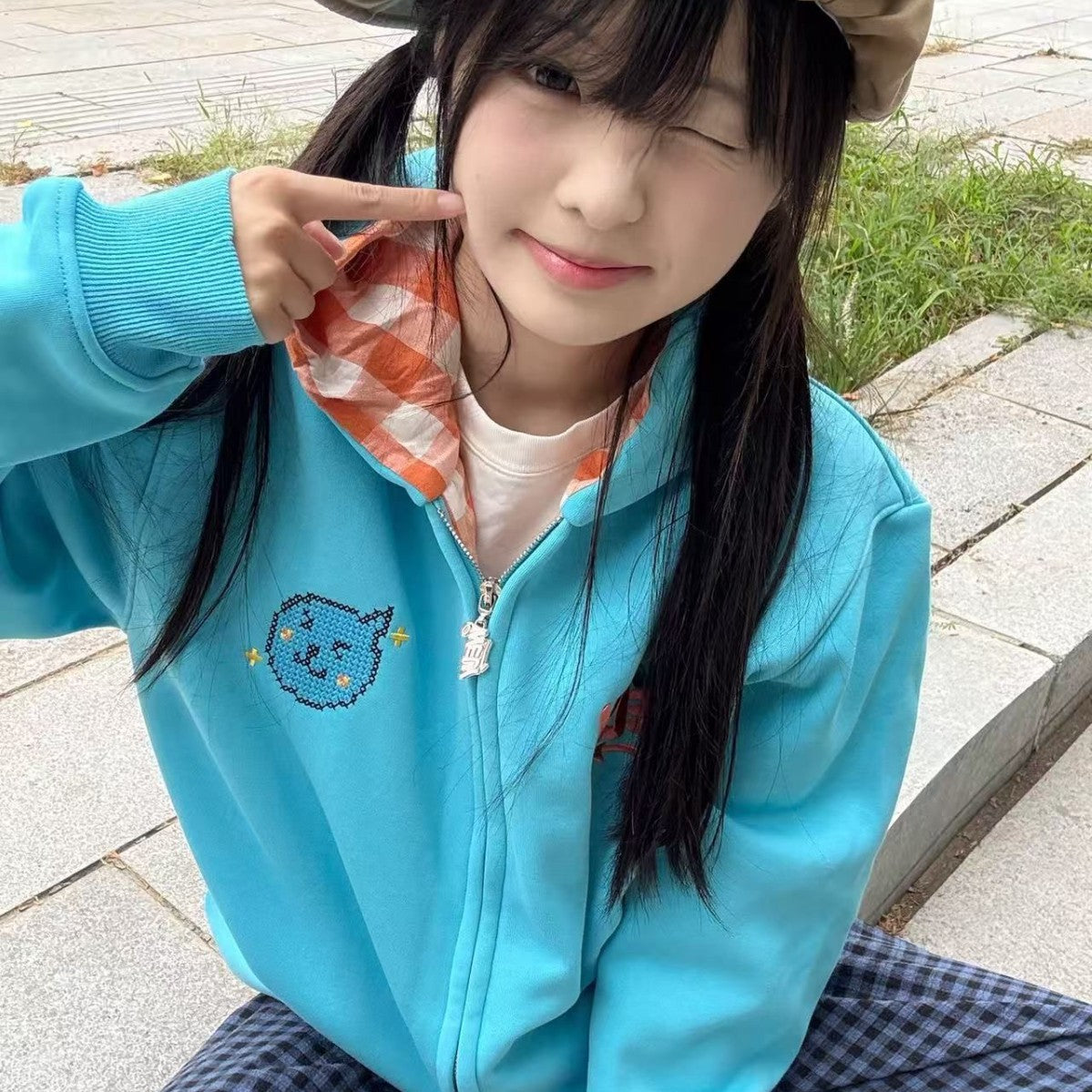 Cartoon Embroidered Zip-Up Hoodie