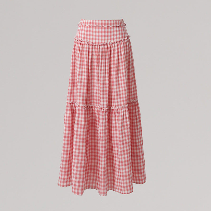 Women's Pink Plaid Flare Long Skirt - Loose A-Line Big Swing Skirt