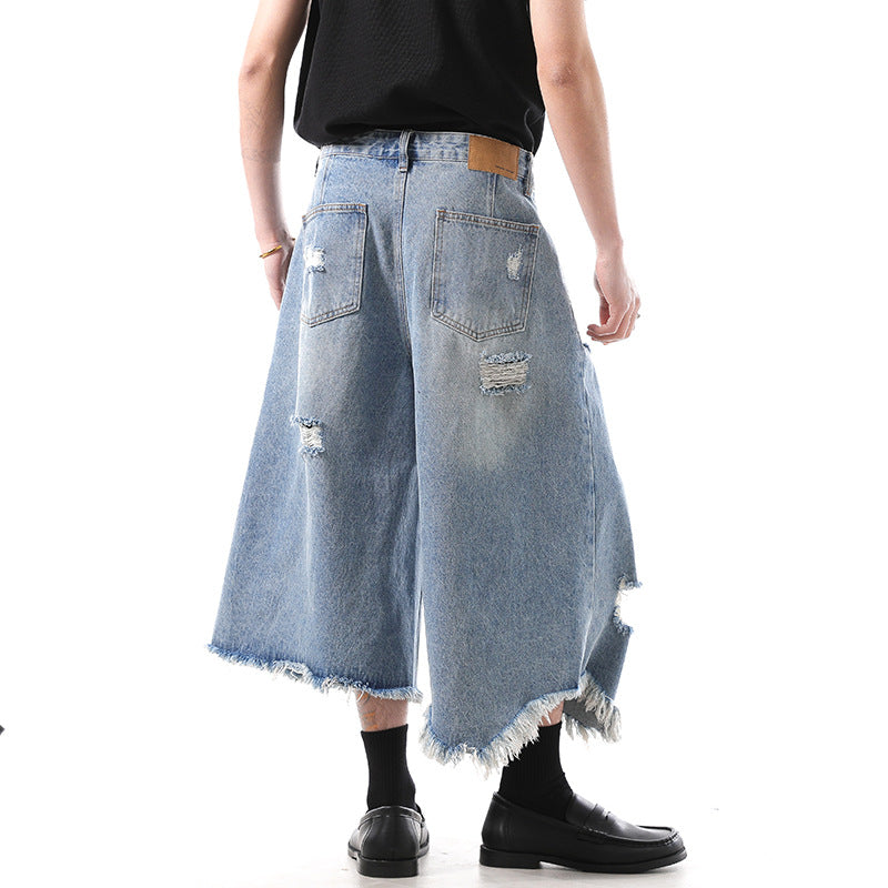 Playful Irregular Tassel Ripped Cropped Pants