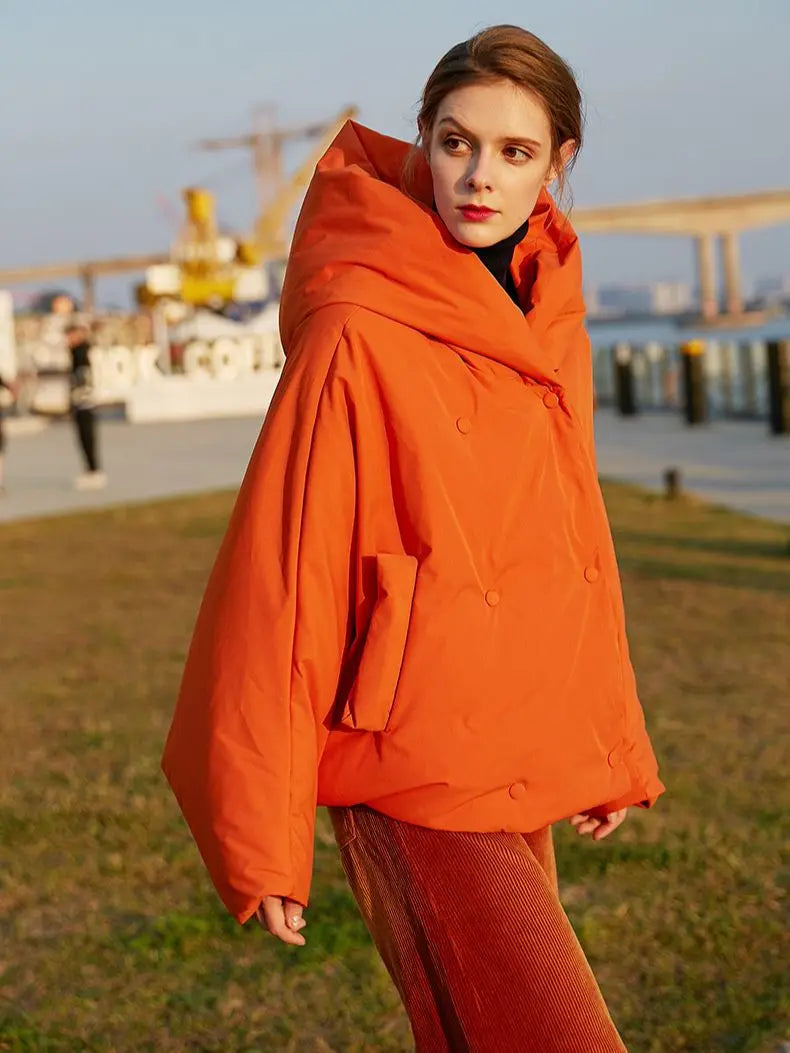Harajuku Style Women's Oversized Down Parka - Fluffy Orange Red