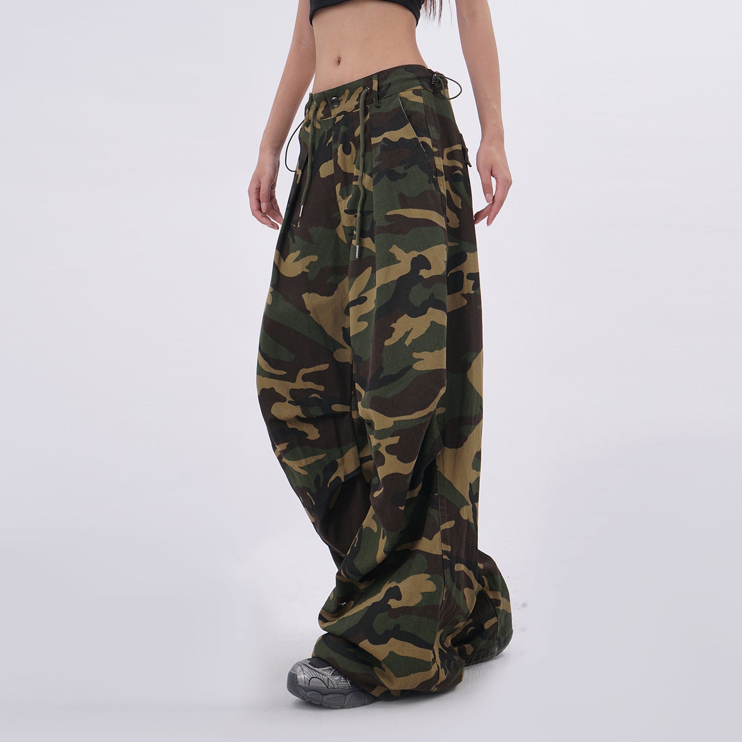 Harajuku Style Retro Camouflage Drawstring Paratrooper Pants for Women