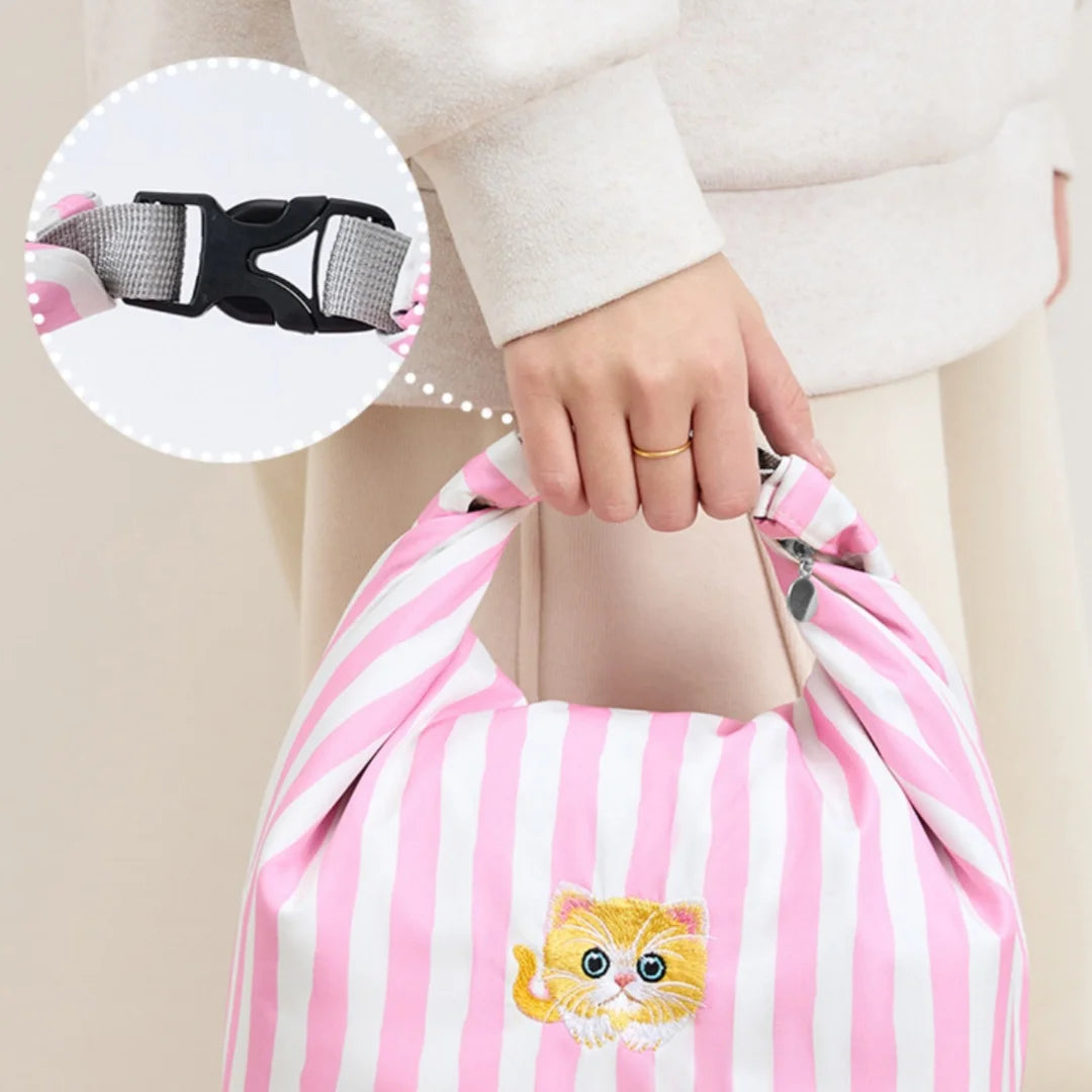 Pink Striped Strawberry Cat Insulated Lunch Bag