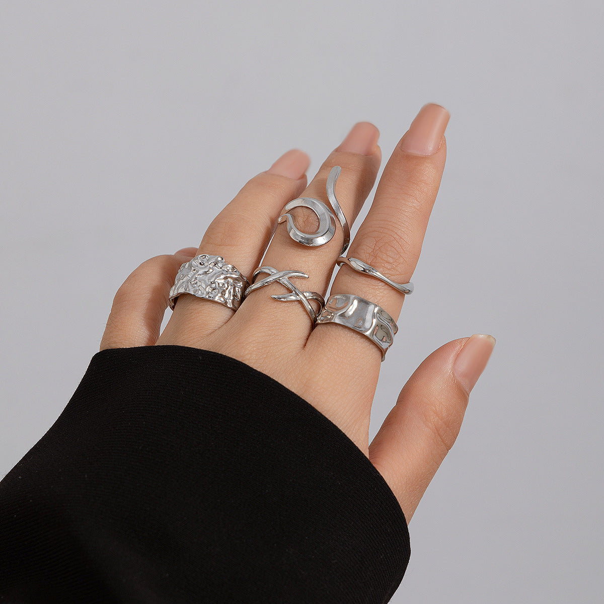 Geometric Metal Lava Line Ring Set - Harajuku Style