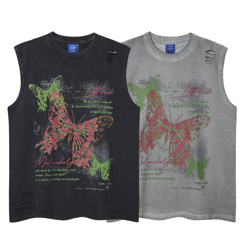 Streetwear Distressed Butterfly Print Tank Top