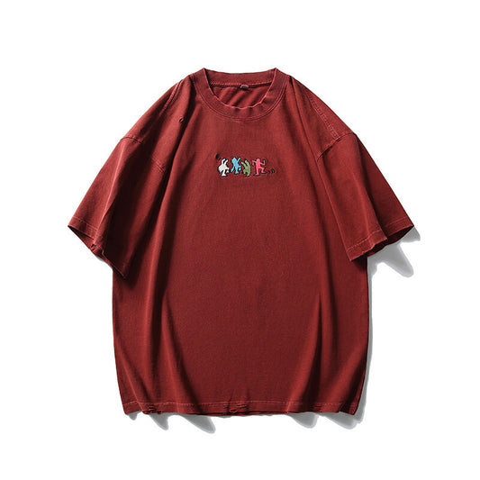 Harajuku Style Embroidered Round Neck Short Sleeved Shirt