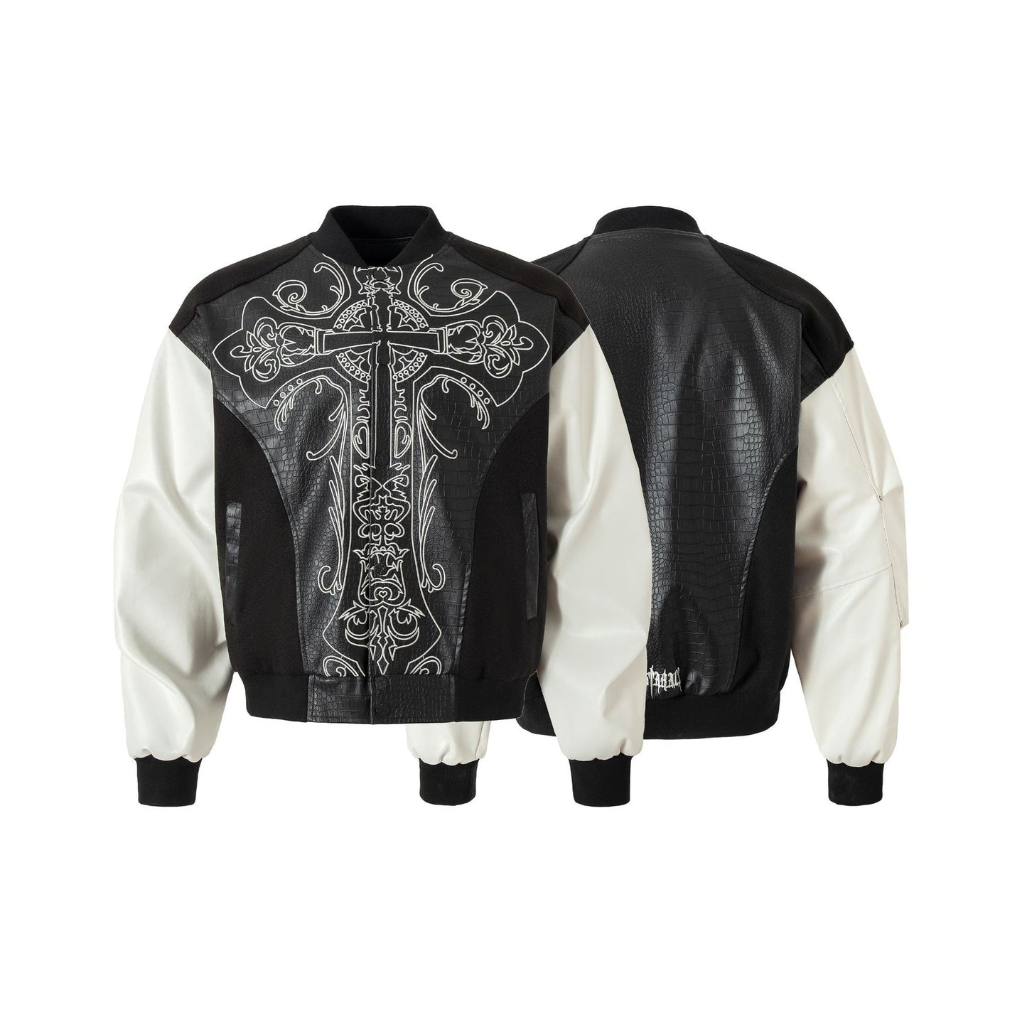 Cross Embroidered Patchwork Leather Jacket
