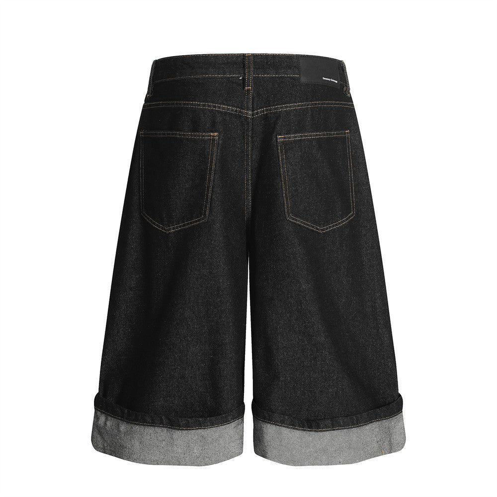 Men's Color Block Turn-up Straight Jeans Shorts - Harajuku Style