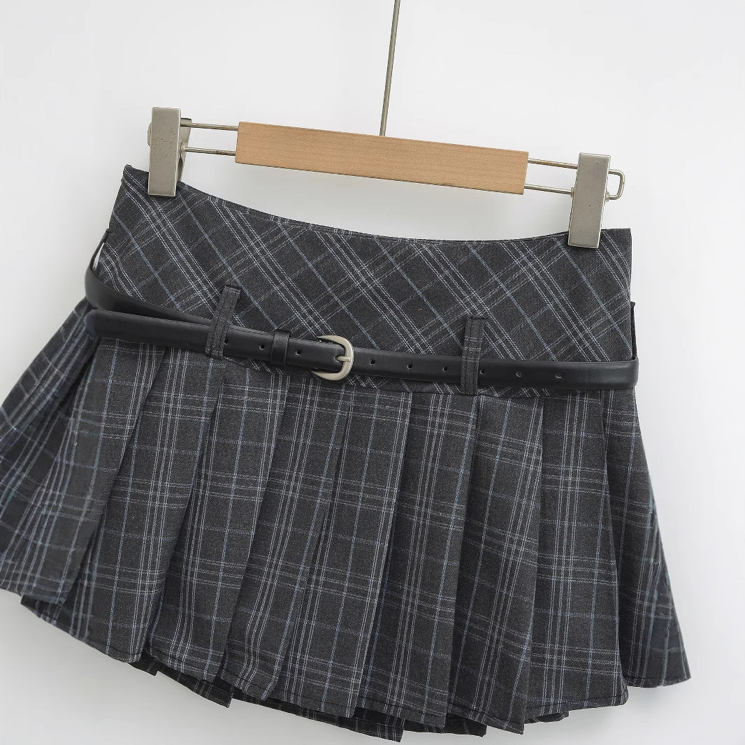 High Waist Slimming Small Plaid Belt Pleated Short Skirt