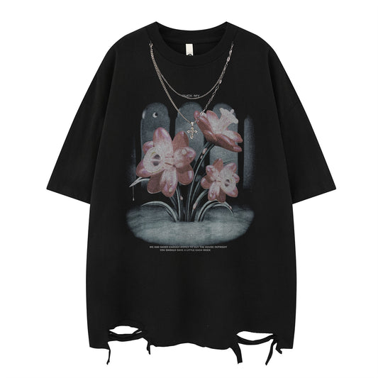 Retro Floral Print Ripped Short Sleeve Tee for Men