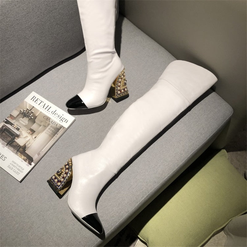 Fashionable Sexy Women's Pointed-Toe Over-The-Knee Boots with Pearl Pattern Shaped Heel - Large Size Party High Boots