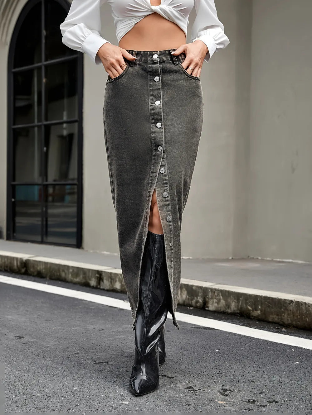 Playful Retro Multi Button Denim Skirt