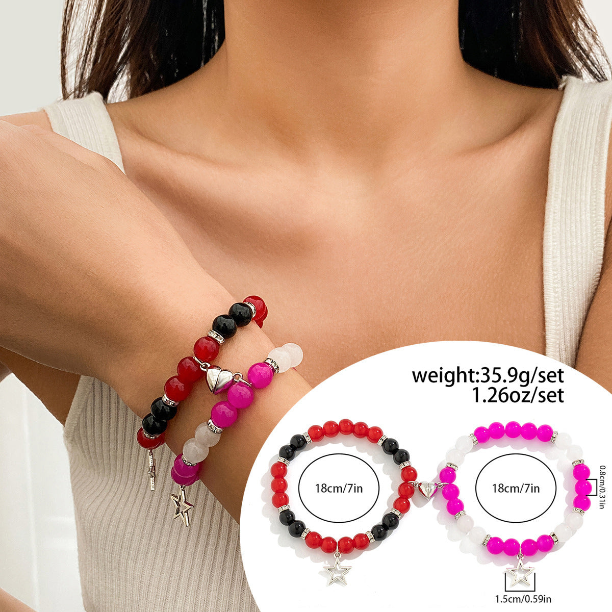 Magnetic Heart-Shaped Star Pendant Tassel Bracelet Set