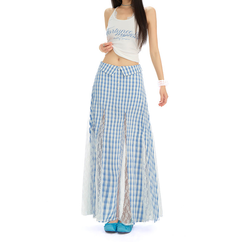Women's Blue Plaid Summer Dress - Thin Sweet High Waist A-Line Long Skirt with Irregular Lace Detail