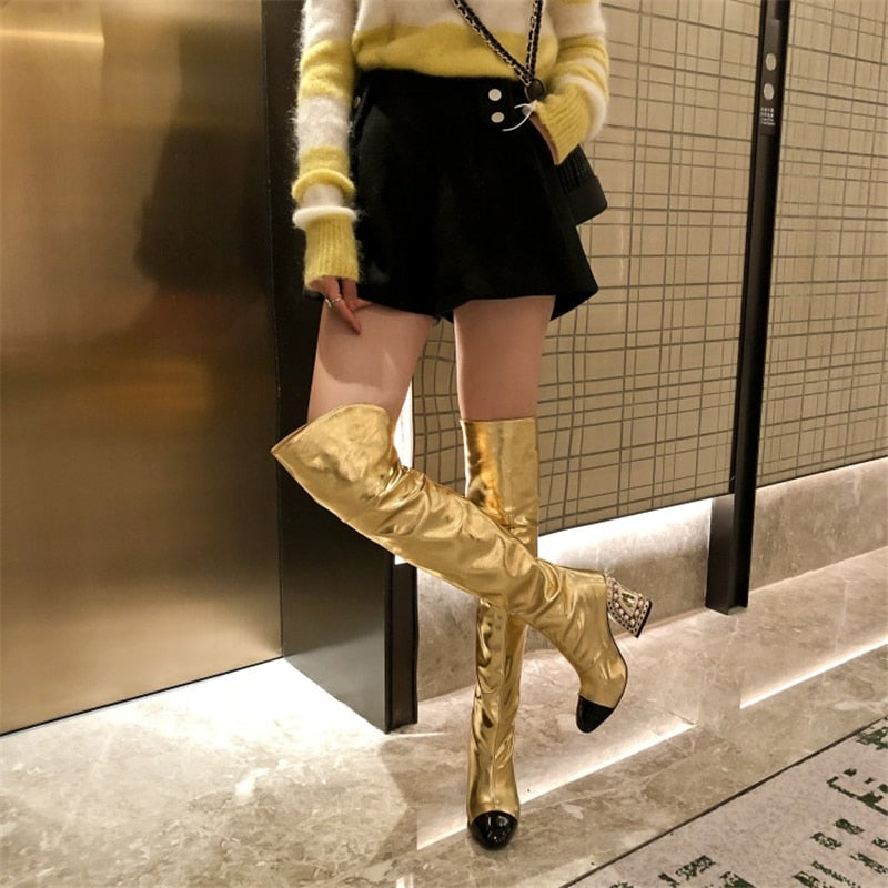 Fashionable Sexy Women's Pointed-Toe Over-The-Knee Boots with Pearl Pattern Shaped Heel - Large Size Party High Boots