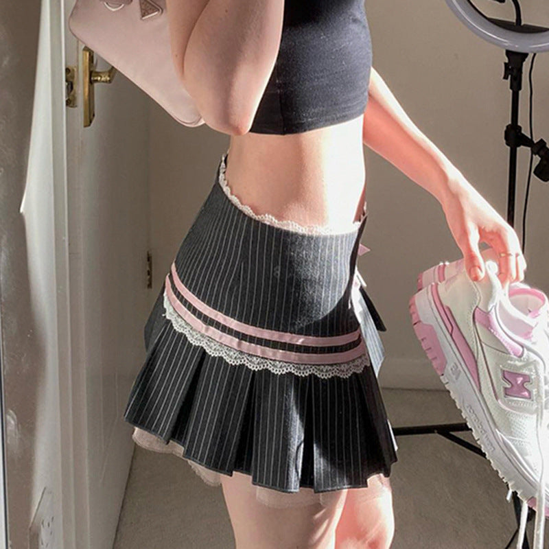 Striped Lace Bow Pleated Skirt