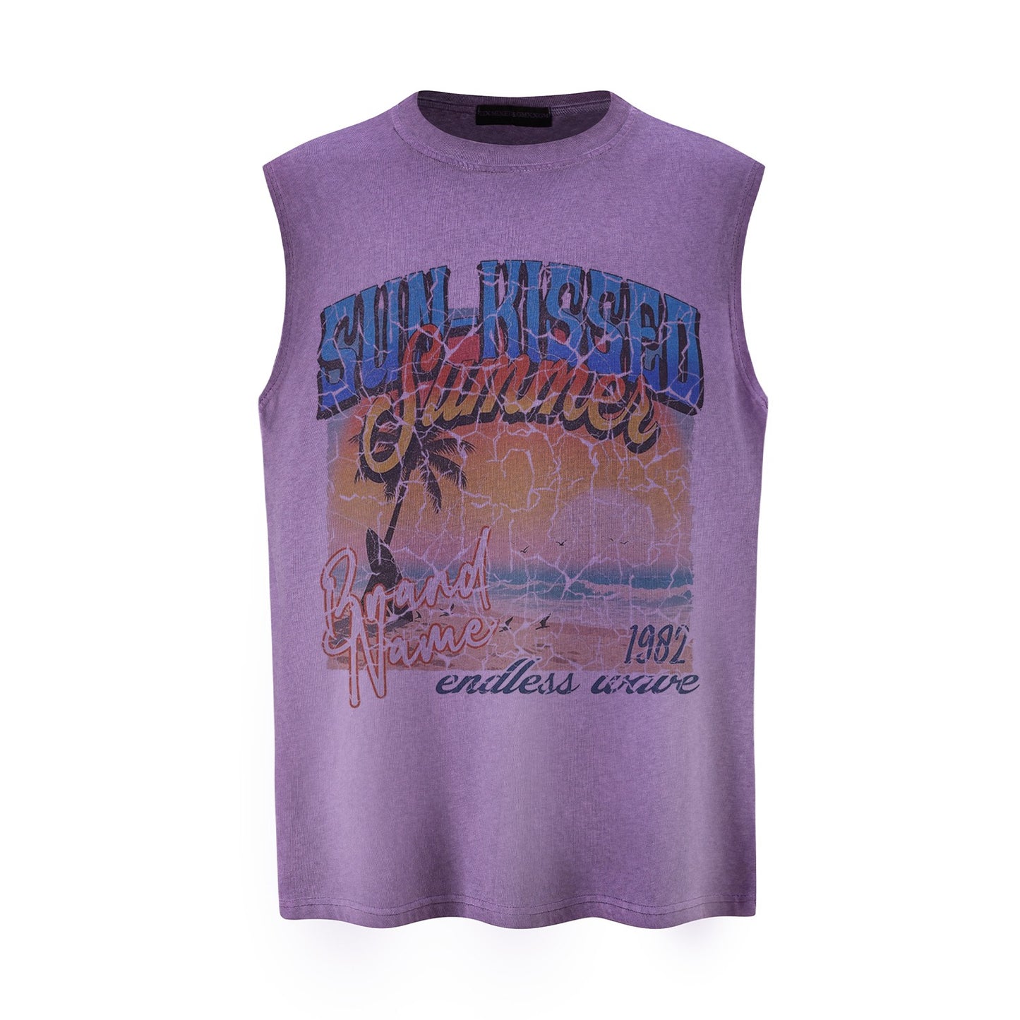 Cracked Beach Printed Vest — Harajuku Street-Style Loose Cotton Blend (Grey / Purple)