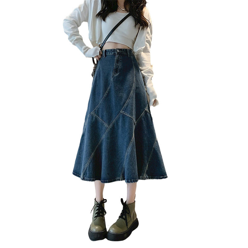 High Waist A-Line Loose Midi Denim Skirt for Women - Slimming, Hip-Hiding Style