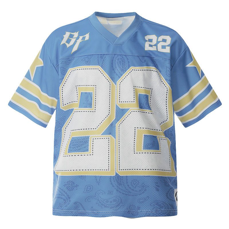 Football Street Retro V-Neck Jersey Men Loose Mesh Short Sleeve T-Shirt