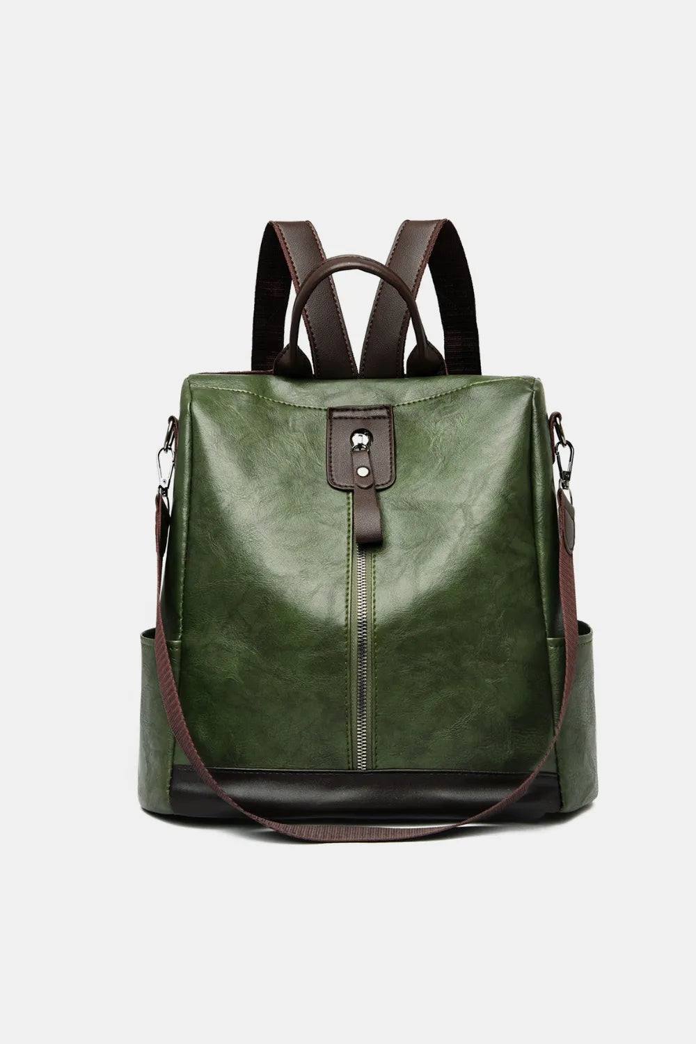 Leather Backpack Bag in Black, Caramel, and Dark Green