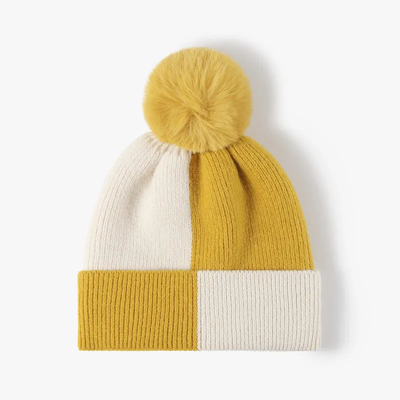 Playful Color Block Knit Hat with Pom-pom