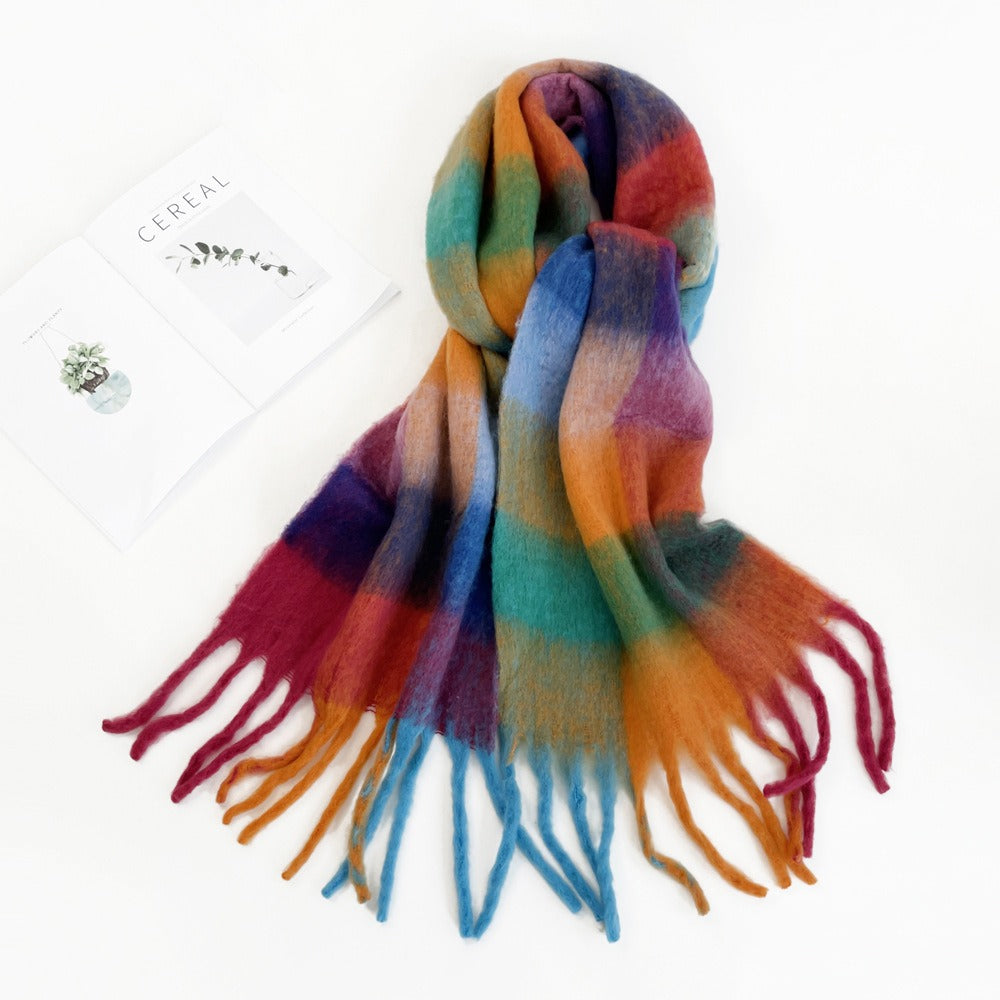 Colorful Plaid Mohair Scarf - Women's Winter Warmth