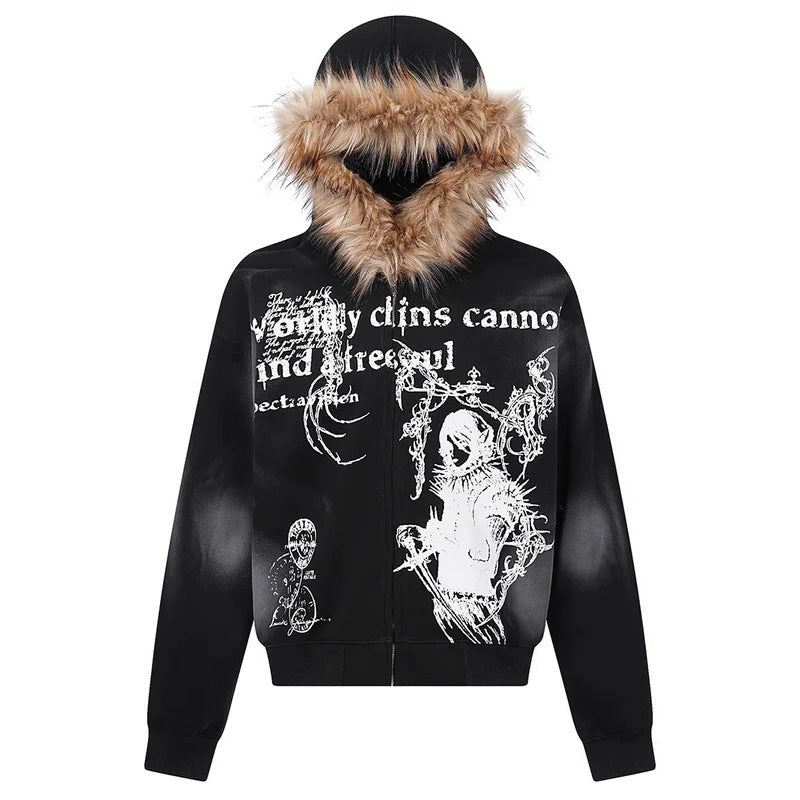 Printed Fur Collar Hoodie Top Dark Jacket