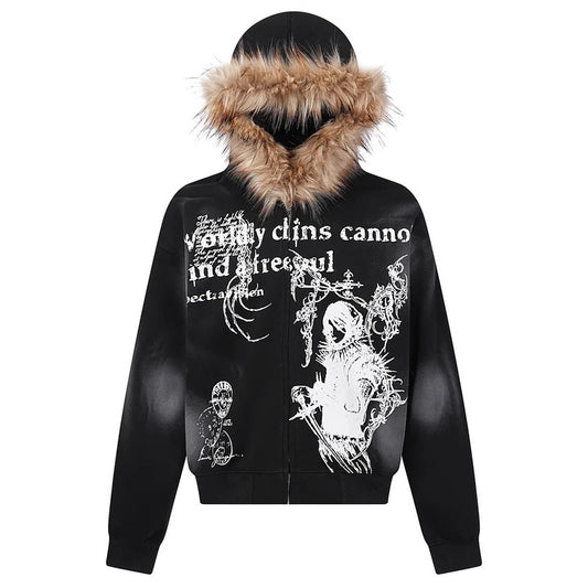 Printed Fur Collar Hoodie Top Dark Jacket