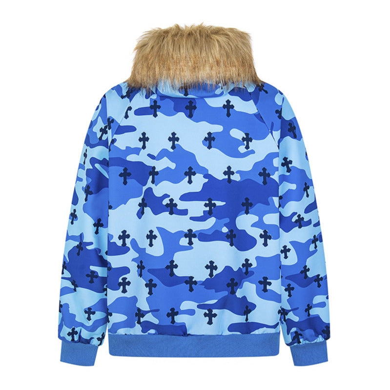 Camouflage Fur-Collar Women's Hooded Zip-Up Jacket Loose Sweatshirt Jacket