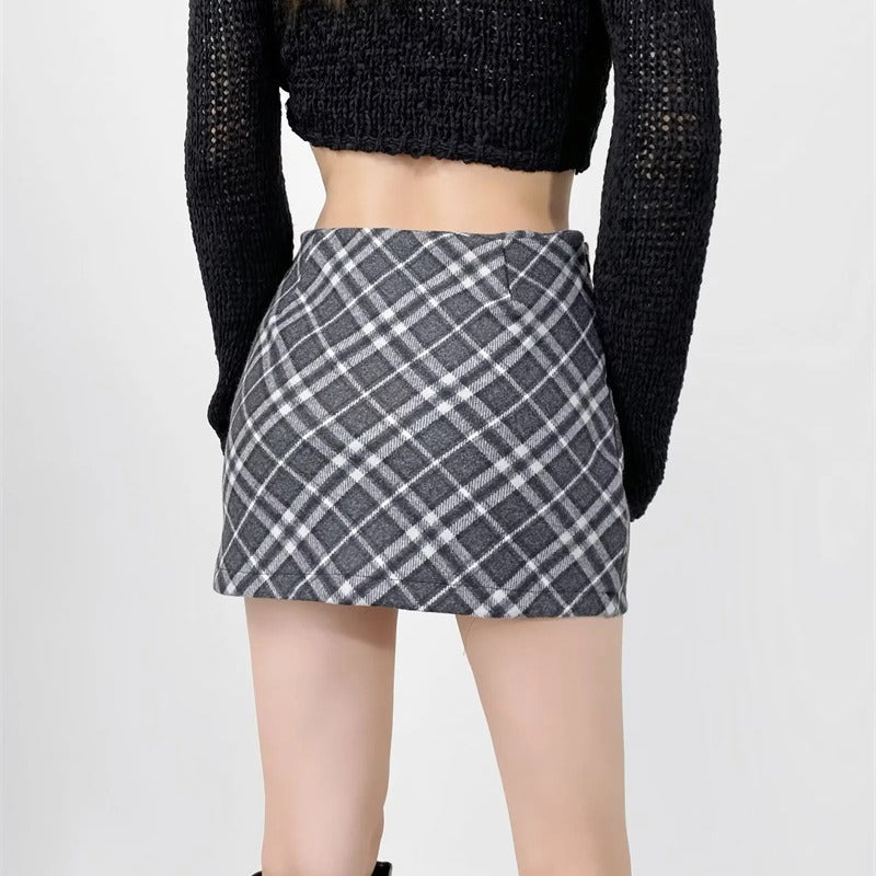 High Waisted Plaid Woolen Skirt for Women