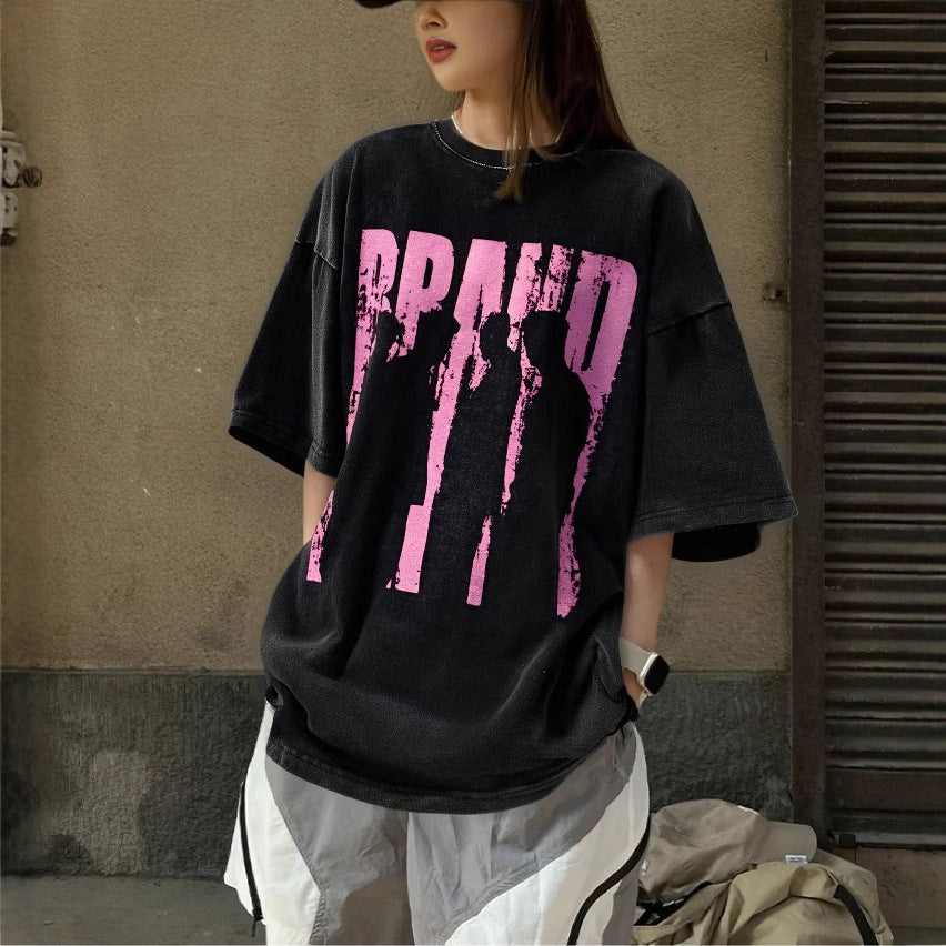 Harajuku Style Washed Portrait Print T-Shirt for Couples