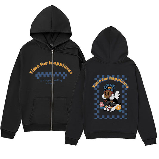 Playful Melancholic Child Print Zip-Up Hoodie