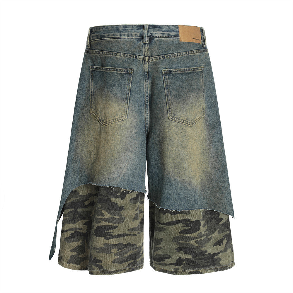 Men's Distressed Patchwork Camouflage Denim Shorts