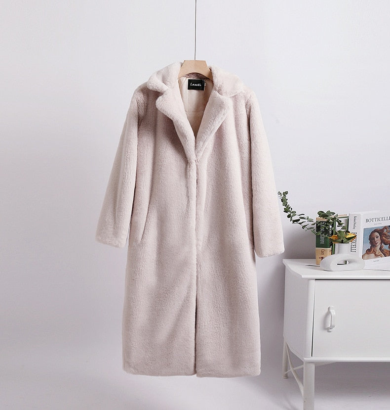 Mid-Length Mink Velvet Faux Fur Coat with Furry Collar