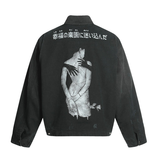 Men's Dark Character Print Canvas Jacket - Retro Punk Style