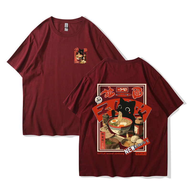 Harajuku Cat Cartoon Eating Noodles Graphic Unisex Casual Short Sleeve T-Shirt