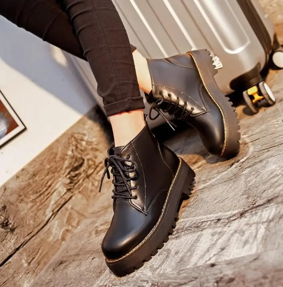 Harajuku Style Women’s Ankle Boots - Retro Platform Lace Up