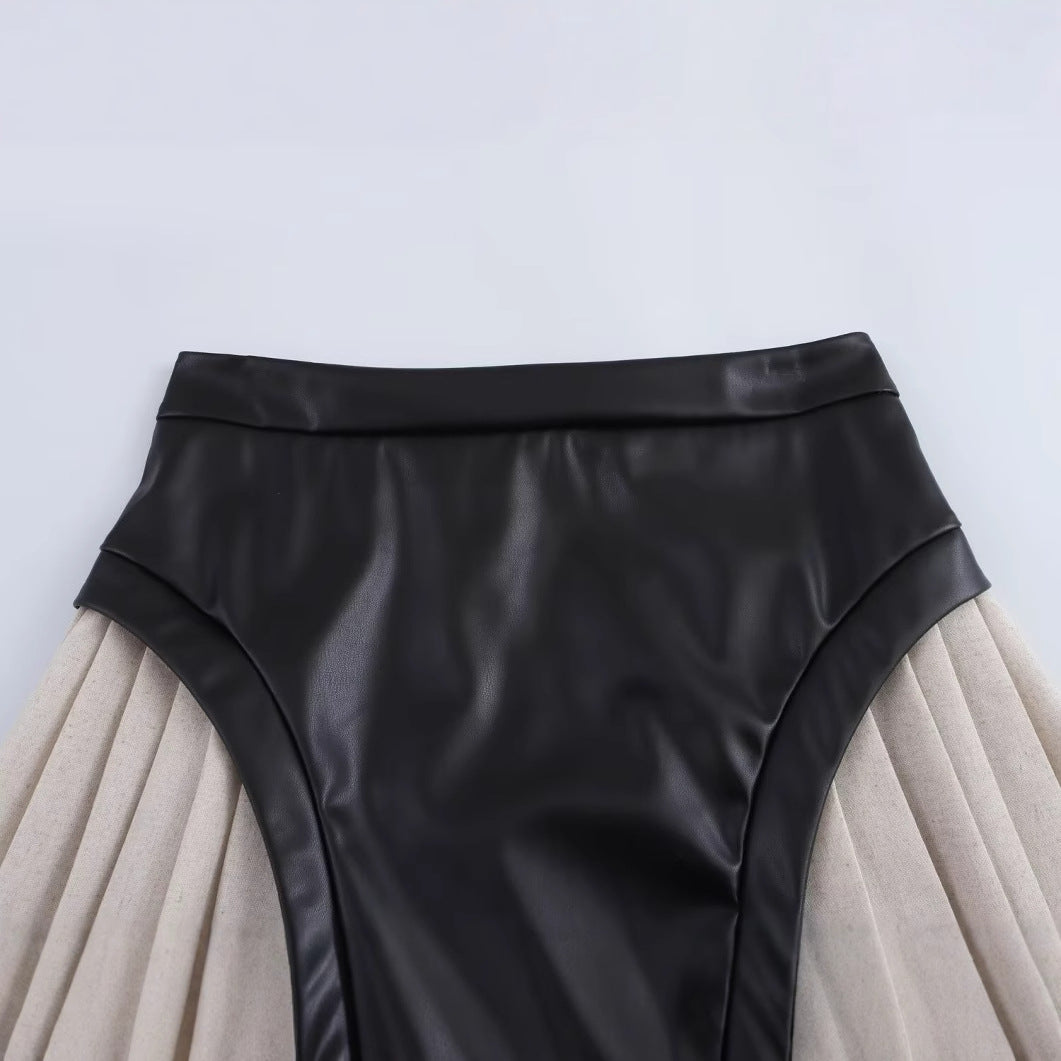 Patchwork Pleated A-line Zipper Short Skirt for Women