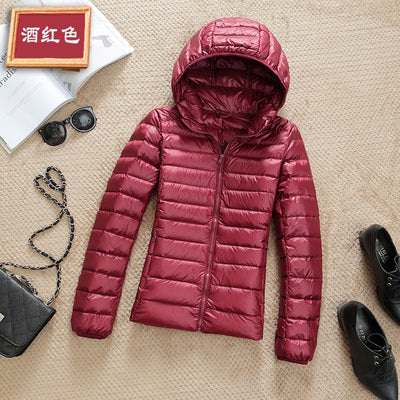 Ultra-Lightweight Slim Down Jacket for Women – Short Hooded Warm White Duck Down Coat
