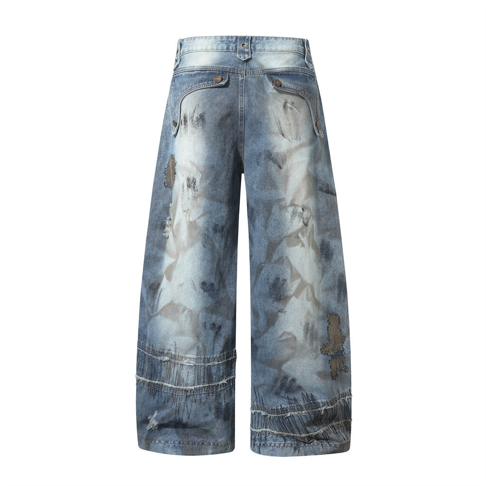 Post-Apocalyptic Stained Wide-Leg Denim Pants