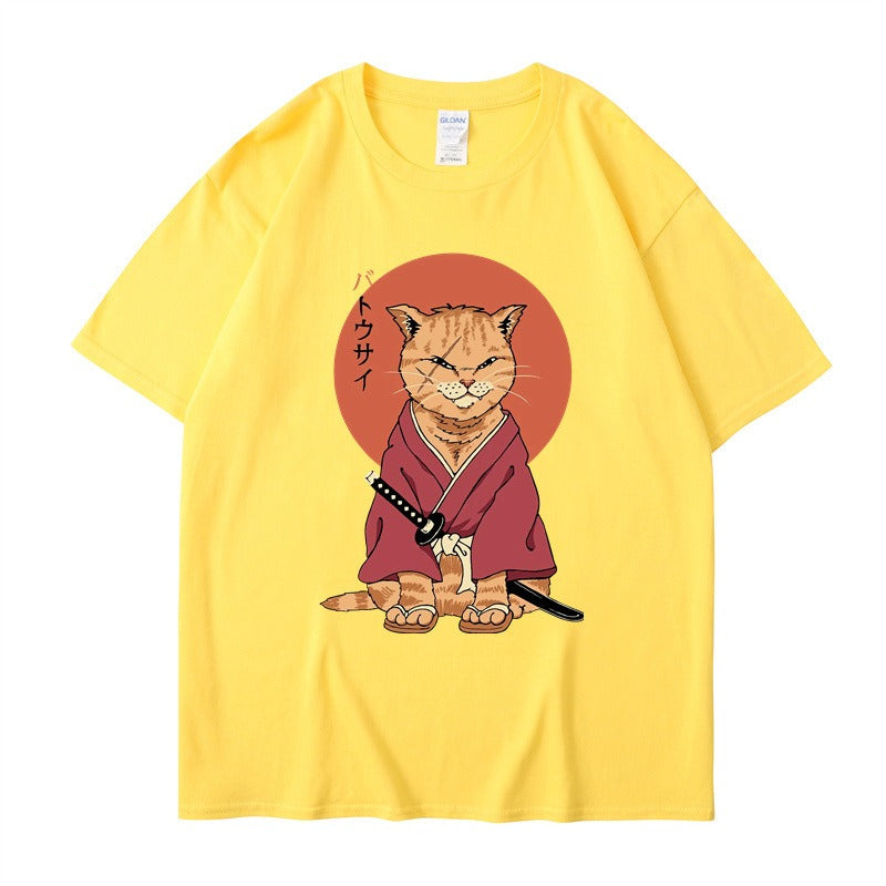 Cute Ninja Cat Print T-Shirt for Men and Women, Cool Summer Short Sleeved Round Neck T-Shirt