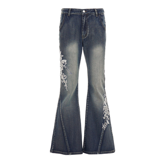 Floral Embroidery Low Waist Flare Jeans for Women