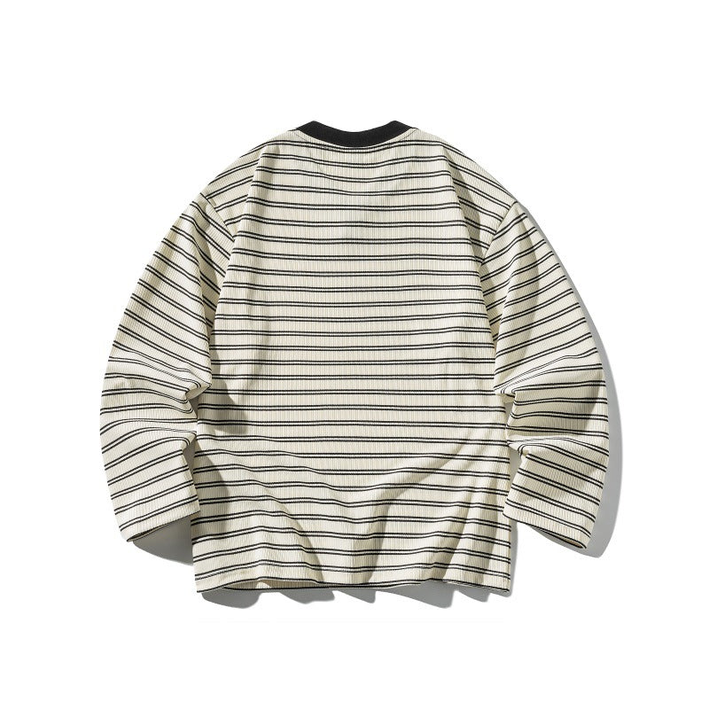 Stripe Color-block V-neck Loose Unisex Long Sleeve T-shirt