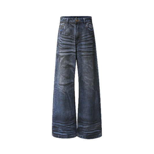 Harajuku Loose Straight Leg Denim Jeans - Dirty Blue