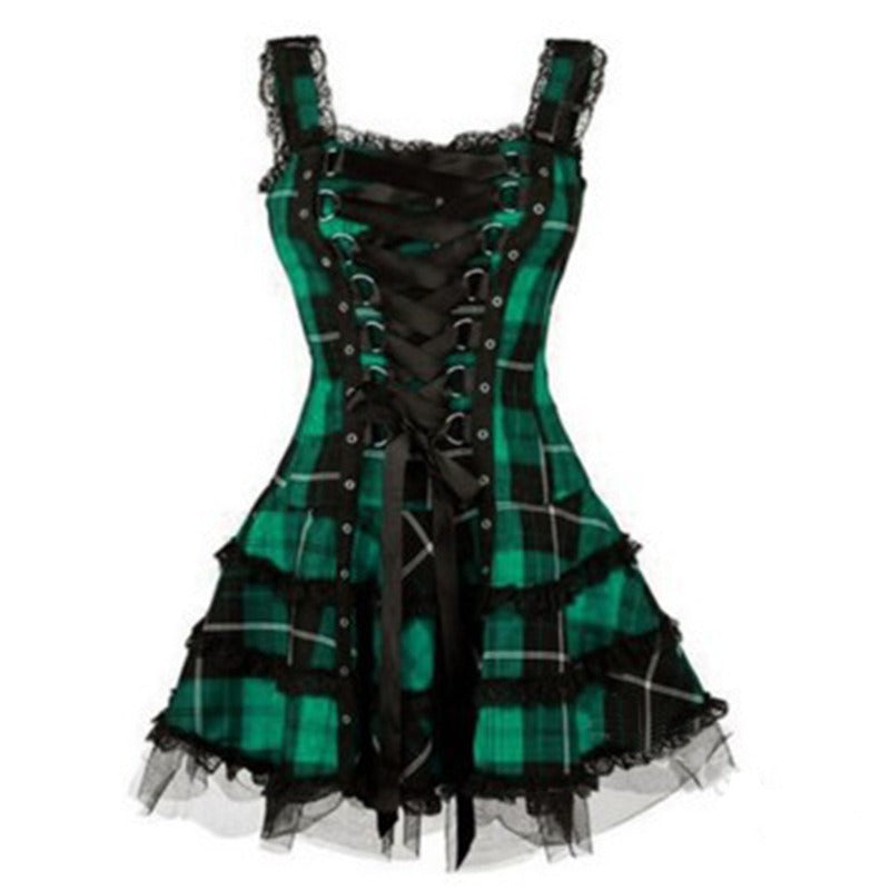 Printed Midi Skirt Dress with Lace Suspender and High Waist