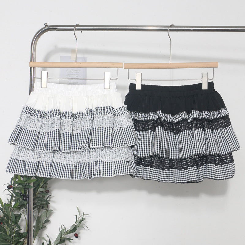 Lace Patchwork Plaid Skirt for Women